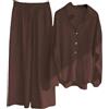 ticticlily Tute Completo Lino Donna Estive Due Pezzi Camicie Maniche Lunghe e Pantaloni a Vita Alta Tuta Completa Abbigliamento da Casa Spiaggia Tinta Unita A caffè XL