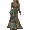 Generisch Maxi abito estivo da donna, lungo, vintage, stile rustico, western country, abito da spiaggia, scollo a V, abito boho, a maniche lunghe, stampa floreale, abito casual, abito estivo, Verde 1, S