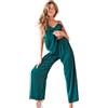 Laura in - Set di Abbigliamento Donna 2 Pezzi Pigiami di Seta Raso Tinta Unita Top con Bretelle e Pantaloni Lunghi-1603VerdeXL