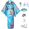 KRUIHAN Completo Yukata Kimono Donna Giapponese in Raso Setoso, 8 Pezzi in Scatola Regalo - Costume Geisha Elegante Motivo di Pavone Blu Cielo, Abito Cosplay Anime per Carnevale, Feste, Festival, Fotografia