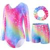 FILOWA Body Ginnastica Artistica Bambina Set di 3 Pezzi, 3-14 anni | Senza Maniche, Maniche Lunghe, Ginnastica Ritmica Completo, Pantaloncini e Fascia, Scintillante, Artistico Spettacolo Leotard