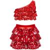 Riismen Vestito da Ballo Bambina Latino Americano Paillettes Abito da Ballo Tutu Monospalla Crop Top Tango Costume Salsa Jazz Dancewear Artistico Vestito da Pattinaggio Rosso 5-6 Anni