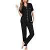 Lovasy Pigiama Donna Estivo Set Cotone Camicia con Bottoni Comodo Pantaloni Lunghi Manica Corta Aperto Davanti Lungo,Nero,XL