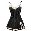 Generic Camicia da notte da donna sottile sexy bretella pigiama di seta di ghiaccio pizzo fessura petto pad homwear pile pigiama donna, Nero , L
