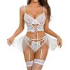 Aranmei Lingerie Set per Donna Reggiseno e Slip in Pizzo Floreale con minigonne in Rete Sexy 3 Pezzi con Giarrettiera Lingerie Senza Calze Bianco L