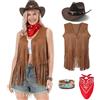 Dzorim Costume da cowgirl occidentale per donna Gilet con nappe da cowboy per donna Vestito con cappello Bandana Braccialetto