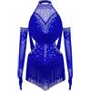 Mufeng Abito Ballo Latino Americano Bambina con Nappa Paillettes Body Danza Classica + Guanti Vestito da Pattinaggio Artistico Costume di Danza Competizione Blu A 5-6 anni