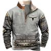 oneforus Uomo Giacche azteche Occidentali Cowboy Felpe Vintage Etniche grafiche Casual Manica Lunga 1/4 Zip Colletto rialzato Pullover Top