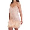 Generisch Abito da sera lungo da donna con doppio profondo scollo a V e spalline sottili, abito sexy con frange paillettes e piume, elegante abito festivo per eventi serali di gala, 190#_beige, S