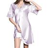 Generic Camicia da notte da donna in raso con scollo a V a maniche corte in seta camicia da notte in pizzo lingerie da notte, Viola, M