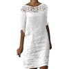 Generic Vestito Donna Ricamo Pizzo con Inserti Linea Dritta Collo Tondo Mezze Maniche Tessuto Lino Cotone Gonna al Ginocchio Abito Sole Estivo Femminile