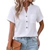 YUTILA Camicia da donna a maniche corte in lino Henley Estate con tasche sul petto, bianco, L