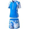 Baogaier Ragazze Costume da Bagno, 2 Pezzi Stampa Floreale Maglietta a Maniche Corte con Zip + Pantaloncini da Bagno Asciugatura Rapida Costume Piscina Spiaggia Nuoto Bambina per 9-10 Anni, Blu