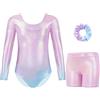 Gogokids Tuta da ginnastica a tre pezzi per bambine, set da ginnastica a maniche lunghe con pantaloncini e fascia per capelli, body glitterati per balletto - outfit da ginnastica con design sfumato
