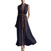 Generic Maxi abito da donna UK senza maniche alla moda color block abiti estivi con tasche e cintura da donna casual elegante lungo prendisole con scollo a V avvolgente svasato ampio vestito da donna, Blu