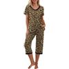 PrinStory Pigiama da donna a maniche corte, con maglietta e pantaloni con tasche, leopardato, marrone chiaro, L