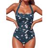 Smismivo Costume da Bagno Donna con Retro Push Up Belly Way Costume da Bagno per Le Donne Slim Halter Vintage Ruched Costume da Bagno di Un Pezzo