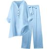 Generico Tuta Lino Donna Estiva Elegante Coordinato Larghi Camicia + Pantaloni Leggera Cotone E Lino Estivo Tute Da Ginnastica Primavera Curvy Set Due Pezzi Maniche 3/4 Jogging Traspirante Set Spiaggia