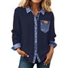 Generisch Camicia da donna in jeans, patchwork, per il tempo libero, con bottoni, stile retrò, con collo a risvolto, alla moda, comoda, con tasca sul petto, casual, a maglia, Blu mare, L