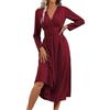 LIAMERHE Vestito Donna Autunno Elegante Manica Lunghe Scollo a V Casual Maxi Abito Linea A Plissettato Primavera Vestiti Abito Inverno Moda Vestito Vita Alta Bordeaux S