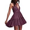 R.Vivimos Vestito Corto da Donna Estivo Boho Sexy Profondo Scollo A V Senza Maniche Halter Abito Corto Backless Volant Swing Mini Abito(S,DeepPlum)