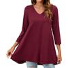 Enmain Maglietta a Maniche Lunghe 3/4 Tunica Donna Borgogna Maglia Taglie Forti Scollo V Comfort Elegante Camicia Lunga Donna per Leggings Invernale, 4XL