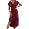 LIAMERHE Vestito Donna Estivi Elegante Manica Corta Scollo a V Casual Maxi Abito Linea A Plissettato Vestiti Abito Spiaggia Moda Vestito Vita Alta Bordeaux S