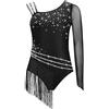 Oyolan Body da Ginnastica con Frange per Bambina Asimmetrico Leotard da Danza con Strass a Spalla Singola Tenuta per Pattinaggio Artistico Costume da Danza Latina, Nero , 13-14 Anni