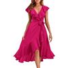 Onsoyours Abiti Estivi da Donna Scollo A V Volantes Cerimonia Vestito con Cintura Eleganti Vita Alta Abiti Casual Chic Orlo Irregolare Vestiti Cocktail Party A Rose Rosso XXL