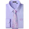 HISDERN Camicia Lilla Uomo Elegante Camicie Matrimonio Manica Lunga con Cravatta Classico Tinta Unita XL