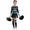 TiaoBug Bambina Costume da Cheer-Leader Manica Lunga Vestito Cheerleading con Pompon Uniforme da Cheer-Leader Ginnastica Leotards con Strass Lucidi Costume Carnevale Blu Verde A 5-6 Anni