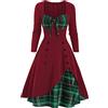 DUHGBNE Abito Carnevale Medievale Abito da Donna Sexy Vintage Casual con Stampa Scozzese in Vita Abito a Doppio con Giuntura a Contrasto in Vita Vestito Scozzese Rosso