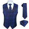 HISDERN Gilet Uomo Blu Navy e Nero Paisley Floreale Jacquard Cravatta Taschino Fazzoletto da Taschino da Festa di Nozze Completo da Completo Gilet,XL,Blu Navy e Nero-N