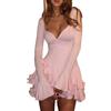Generico Vestito Donna Elegante Manica a Campana - Vestiti Donna Tinte Unite Scollo a V, Vestiti Corto Unico Elegante - Dresses for Women Slim Fit Moda Adatto per La Primavera Rosa S