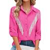 MYMORE - Camicia da donna con bottoni e frange di strass, maniche a 3/4, scintillante top da concerto, L