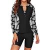 SHEKINI Donna 3 Pezzi Tankini Manica Lunga Rash Guard Zip Maglia da Nuoto Bikini Top Pantaloncini da Bagno Nero L