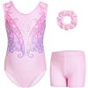 Gogokids - Set di tuta da ginnastica senza maniche per ragazze, in tre pezzi con pantaloncini e fascia per capelli, Outfit da ginnastica per bambini con scavature e design incrociato, tuta da balletto