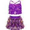 YiZYiF Ragazze Costume da Ballo in Paillettes Senza Maniche Luccicanti Crop Top con Pantaloncini Danza Moderna Jazz Set Viola 11-12 Anni