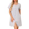 Lovasy Camicia da Notte in Cotone Donna Camicia da Notte Manica Corta a Righe Scollo a V Sexy Sottoveste Curvy con Bottoni Davanti Abito da Notte Estiva con Tasche A Grigio L