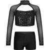 Freebily Tuta Ginnastica Artistica Bambina Maglia Danza Moderna Manica Lunga Crop Top con Paillettes + Pantaloncini Sportivi Leggings Corti Completo da Danza Hip Hop Nero 13-14 anni