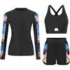 Ausing Costume da bagno da donna a 3 pezzi, con protezione solare, rash guard a maniche lunghe, costume intero da bagno, maglietta da surf, rashguard, pantaloncini da bagno, nero rosa, M