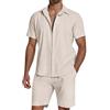 SHEKINI Set di 2 tute da uomo in cotone e lino, a maniche corte, con bottoni, estive, pantaloncini da spiaggia, abbigliamento casual, abbigliamento da notte, pigiama, cachi, L