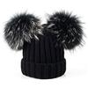 Brillabenny Cappello Donna Doppio PON PON Pelliccia Vera, Cuffia Berretto Lusso Hat cap Luxury (Nero White)