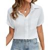 Niwicee Camicia Donna Estiva Camicetta da Donna Manica Corta Cotone Blusa Elegante con Scollo a V Maglietta Top con Bottoni Casual Tinta Unita Classico Camicie Maglia(Bianco,XXL)