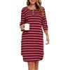 Vlazom Camicia da Notte Donna Cotone a Righe Manica 3/4 con Tasche Lunga Fino Ginocchio，Vino Rosso，M