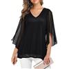 Enmain Camicia Nera Donna Elegante Volant Scollo a V 3/4 Manica Blusa Abbigliamento Donna Curvy Fiori Leggero Casual Estiva Primaverile Top XL