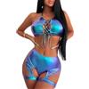 THSCWY Costume da bagno da donna in 2 pezzi metallizzato rave, con scollo all'americana, sexy, pantaloncini, giarrettiera, lingerie, set bikini lucido blu