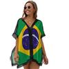 SMBHIAON Brasile Motivo Bandiera Donna Copricostumi Parei Sciolto Beachwear Cover Up Stile Patriottico Scollo A V Pizzo Copribikini Vestiti con Spacchi Laterali