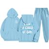 Generisch Felpa a maniche lunghe alla moda con cappuccio e tasche da donna, con stampa e set di pantaloni abbinati, Blu, M