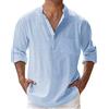 Generico camicia uomo elegante, Camicia Lino Uomo - Maniche Lunghe Regolabili con Polsini, Collo Coreano e Mezza Apertura con Bottoni, Taschino sul Petto, Vestibilità Loose Fit per Estate, Blu XXL